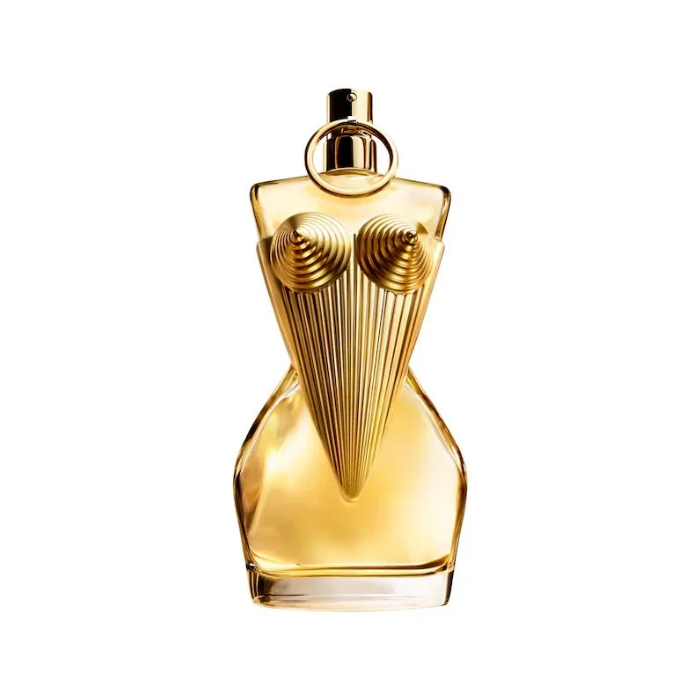 Gold perfume bottle on a white background