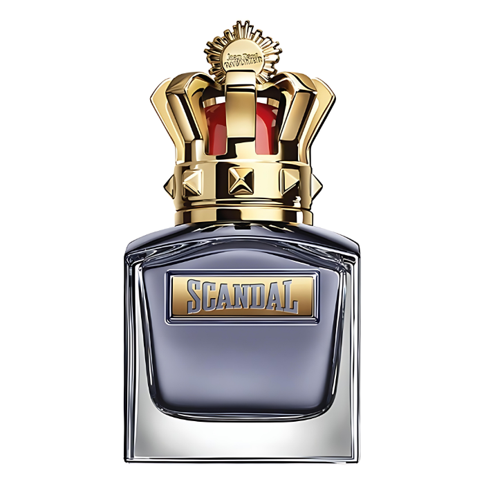 Perfume bottle with gold cap and 'Scandal' branding on a white background